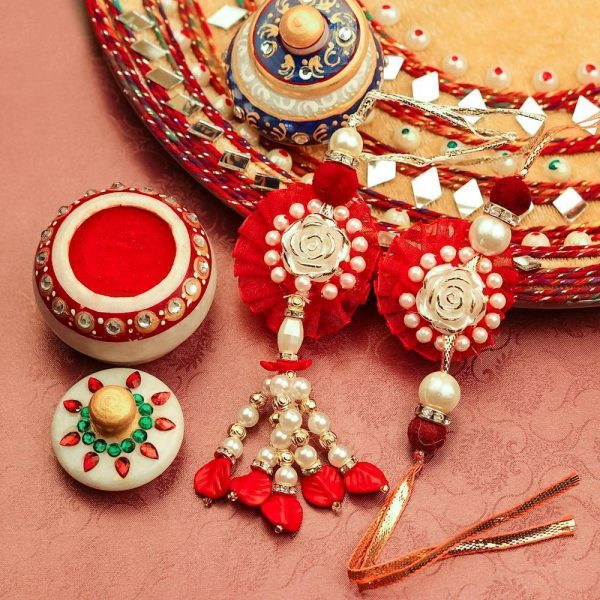 Red Flower and Pearl Bhaiya Bhabhi Rakhi