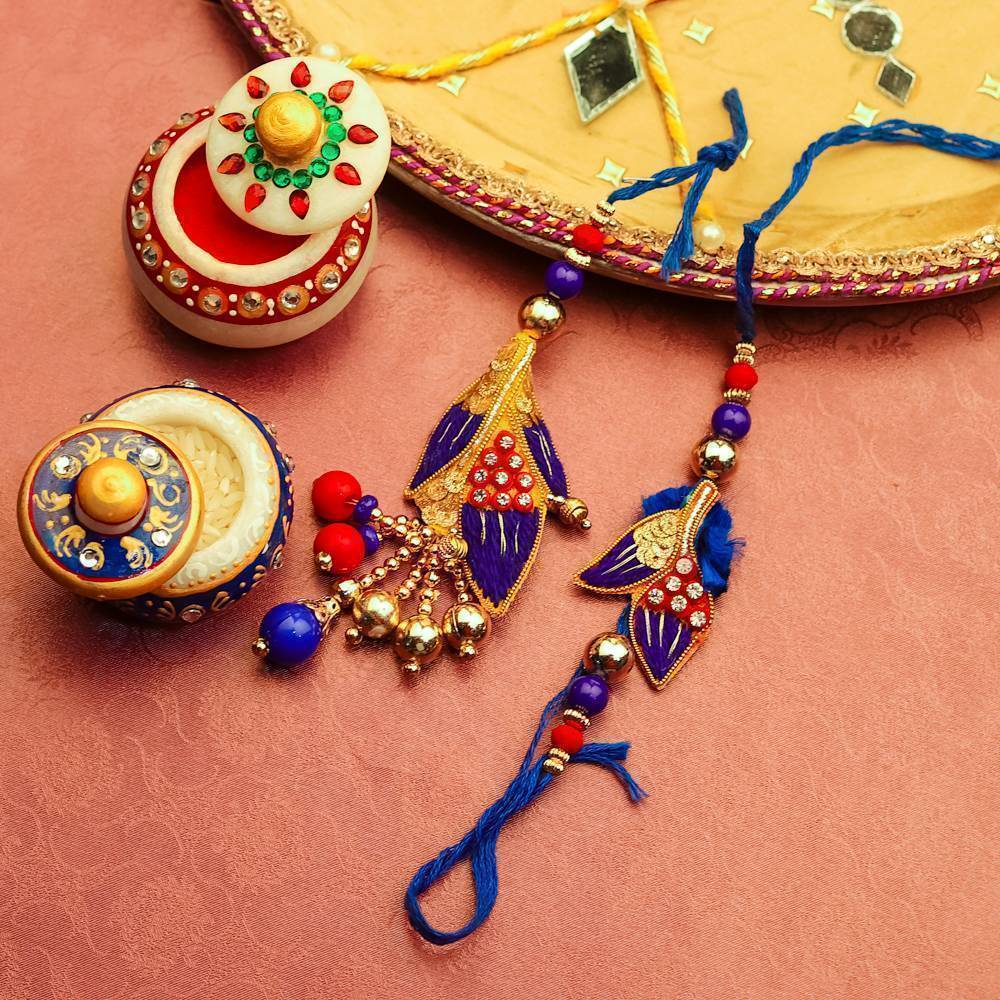 Alluring Blue And Red Zari Beads Bhaiya Bhabhi Rakhi Rakhi Ts Send Rakhi To India